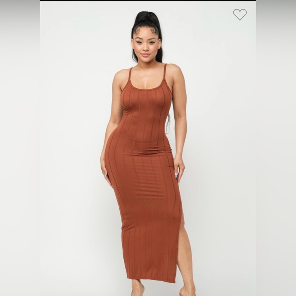 Solid Side Slit Maxi Dress Brown